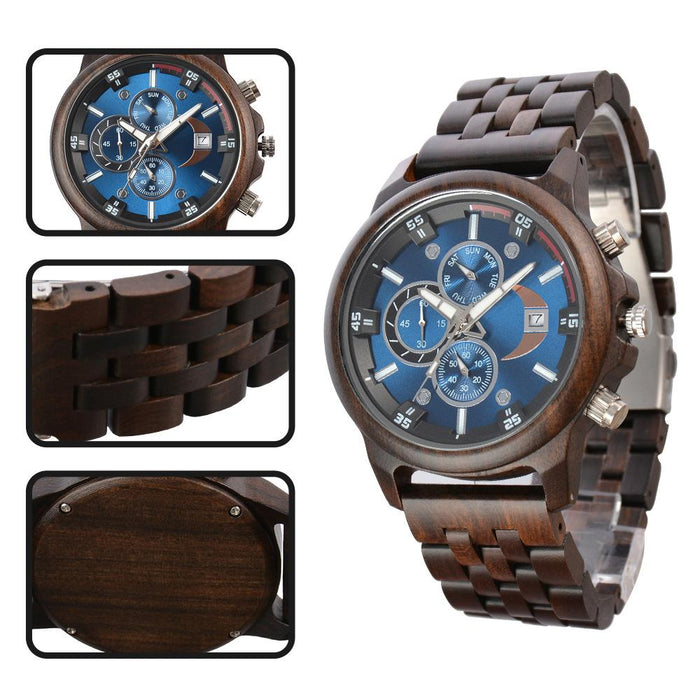 New Men's Business Multifunctional Luminous Wooden Quartz Watch