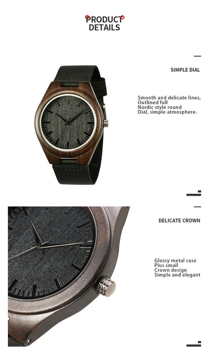 2022 Classic Simple Men's Leather Strap Ebony Wooden Watch