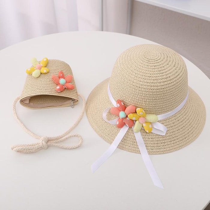 Summer Trendy Flower Streamer Children's Straw Hat Bag Set