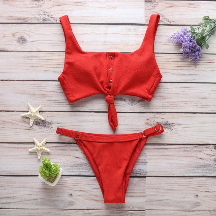 Sexy Bow Button Adjustable Split Bikini Backless Swimsuit