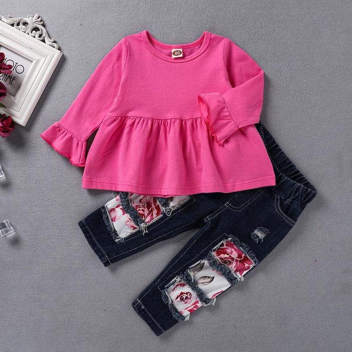 Solid colour long sleeved shirt sun printed denim perforated pants hair band three piece set
