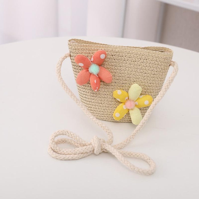 Summer Trendy Flower Streamer Children's Straw Hat Bag Set