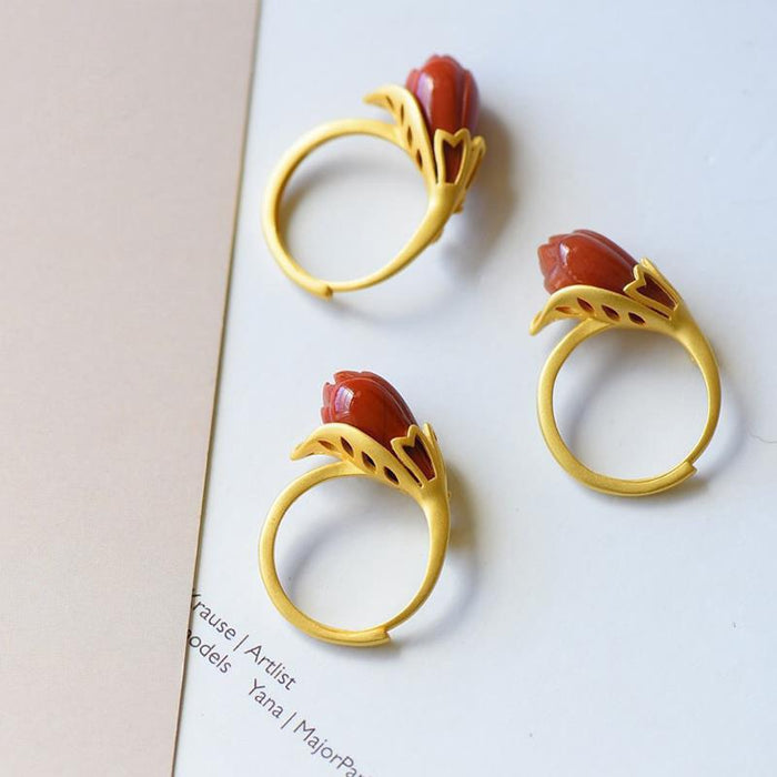 Imitation Agate Magnolia Temperament Women's Opening Gold Ring