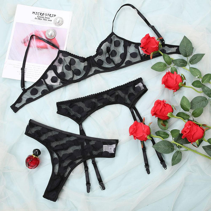 Sexy Mesh Lingerie Fashion Dot Underwear Three-piece Set