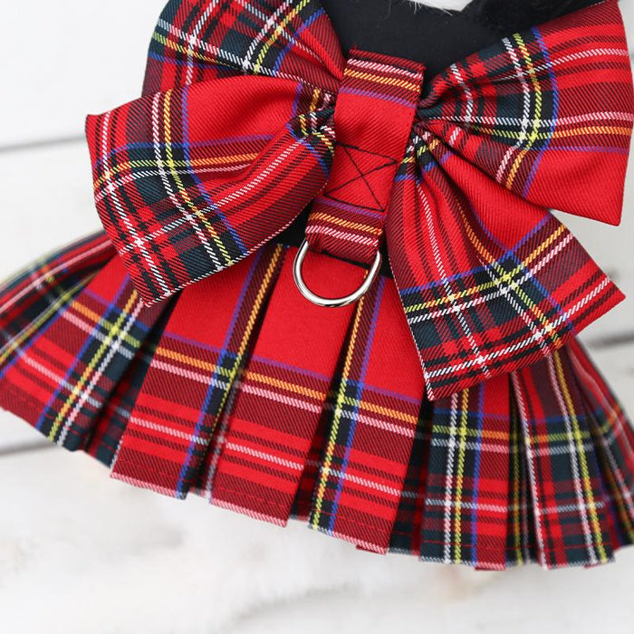 College Plaid Dog Dresses Harness Leash Suit Pet Clothes