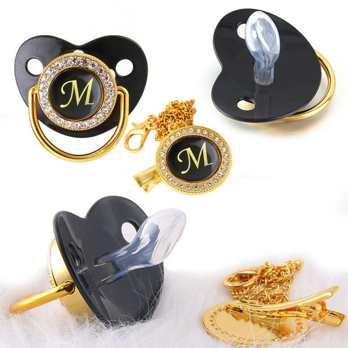 Black Bling Baby Pacifier And Clip Alphabet Letter