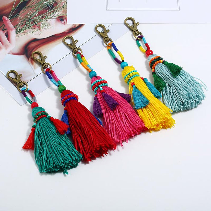 Bohemian Hand Beaded Wool Knitting Color Tassel Pendant Car Bag Keychains