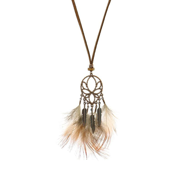 Boho Vintage Feather Tassel Dream Catcher Necklace