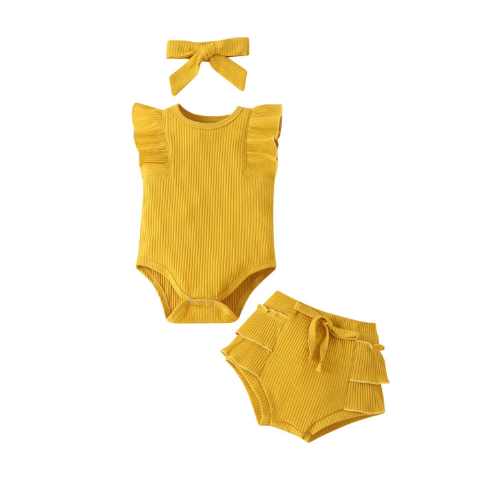 Children's wear solid color pit strip cotton sleeveless khaki shorts three piece set multicolor