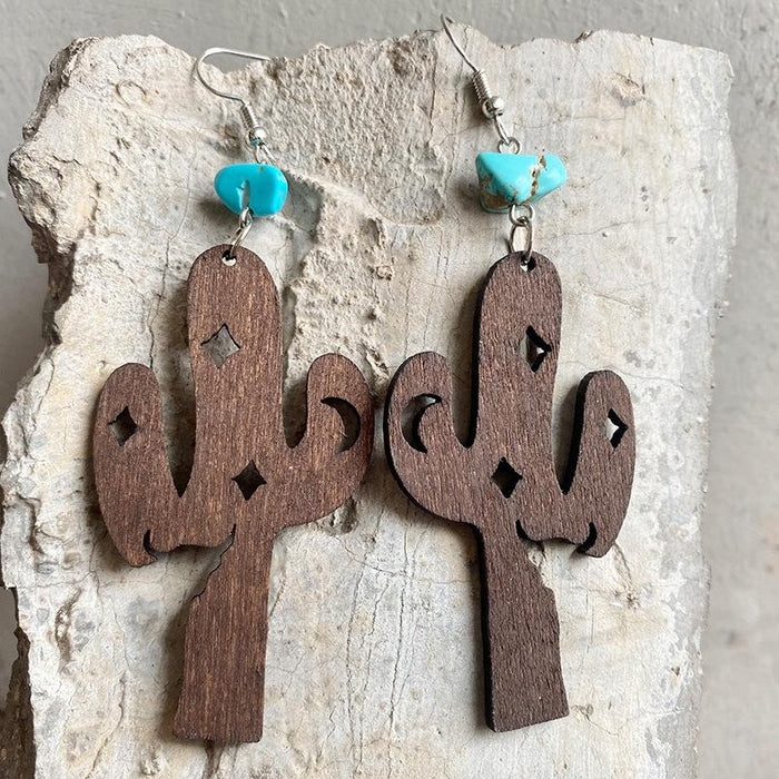 Western Cowboy Turquoise Wood Cactus Women's Earrings