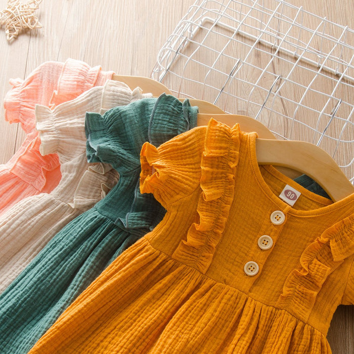 Cotton linen short sleeve stitched girls dress