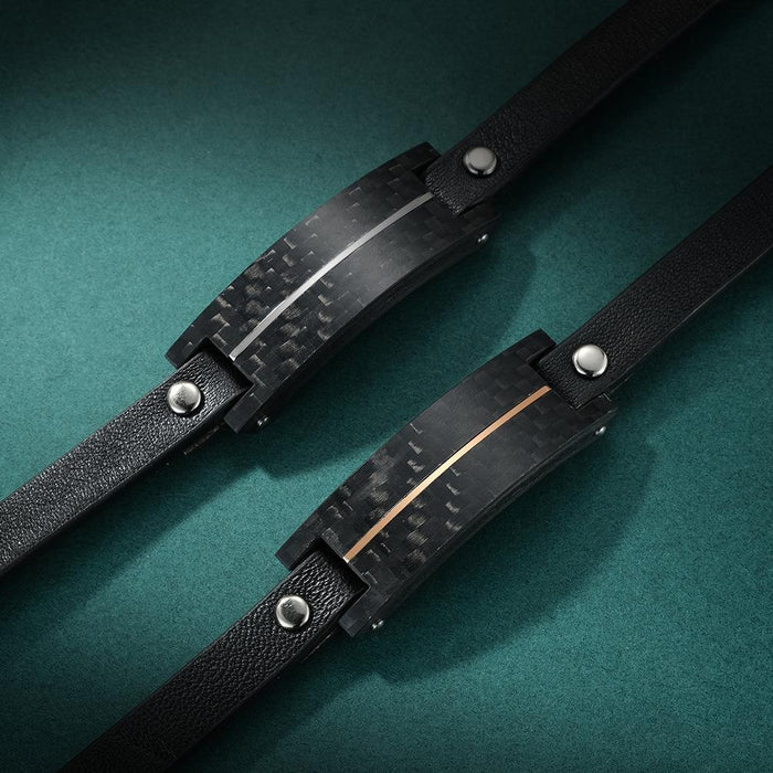 Fashion Black Leather Rope Solid Carbon Fiber Bracelet