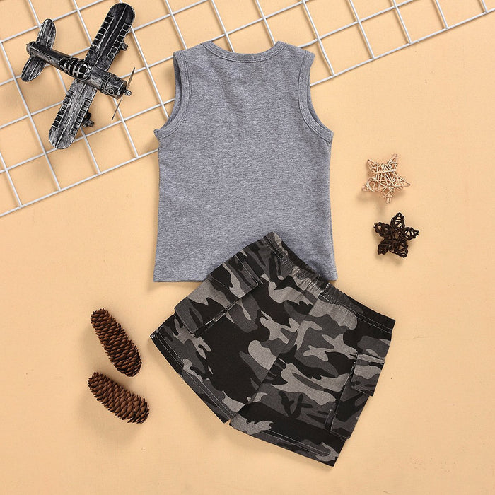 Sleeveless vest top letter print camouflage shorts two piece set