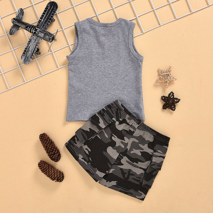 Sleeveless vest top letter print camouflage shorts two piece set