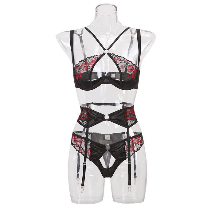 Women's Lace Mesh Embroidered Lingerie Pull Up Underwear Set