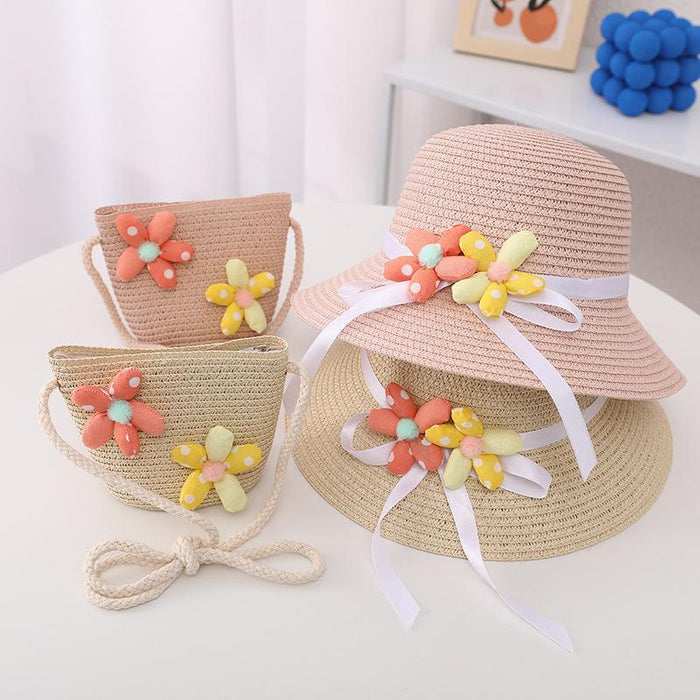Summer Trendy Flower Streamer Children's Straw Hat Bag Set
