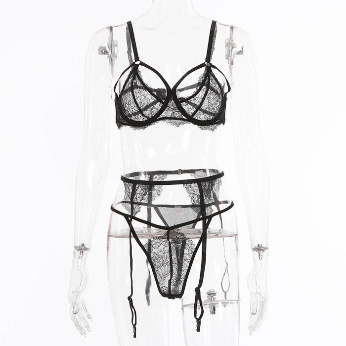 Sexy Eyelashes Lace Underwear Three-piece Set for Women