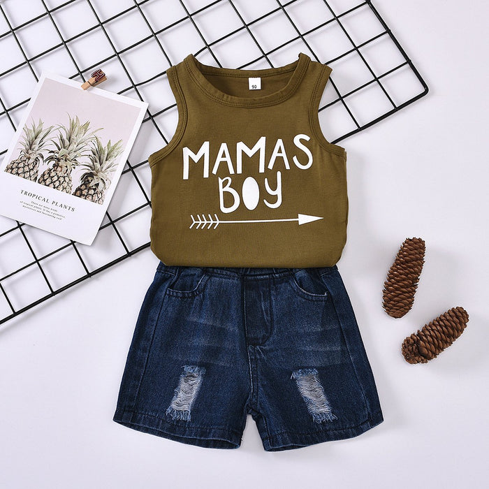 Sleeveless letter top washed hole denim shorts