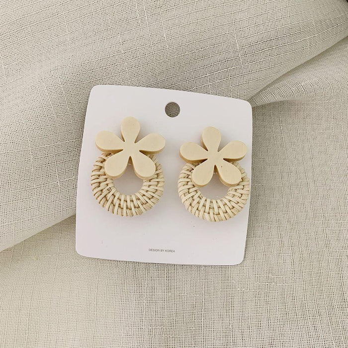 Wooden Flowers Exaggerated Temperament Rattan Long Earrings Jewelry