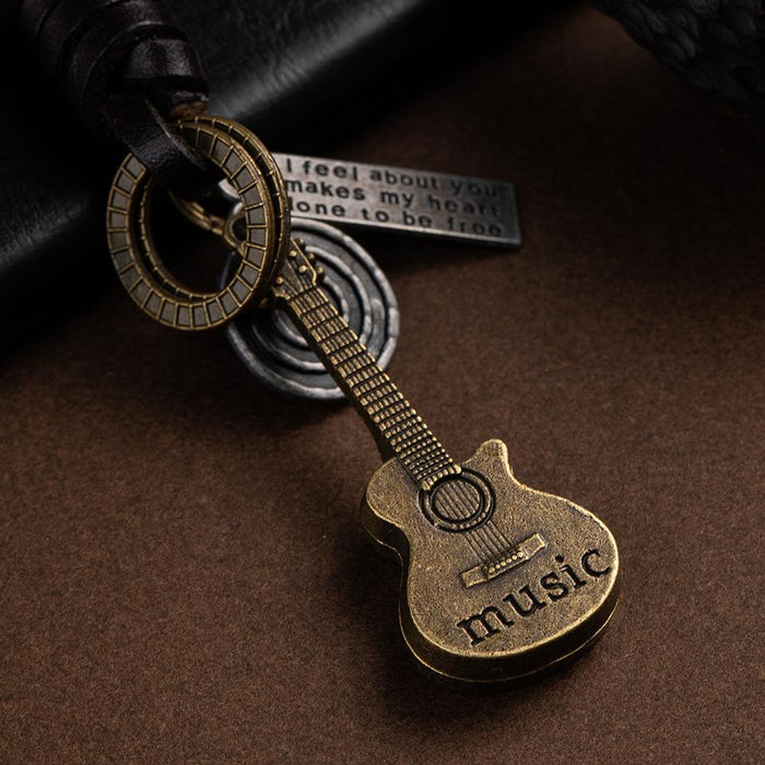 Vintage Keychains creative guitar leather Keychains woven leather key backpack Pendant