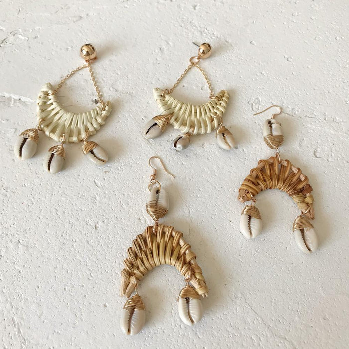 Rattan Woven Moon Ocean Wind Conch Earrings Jewelry