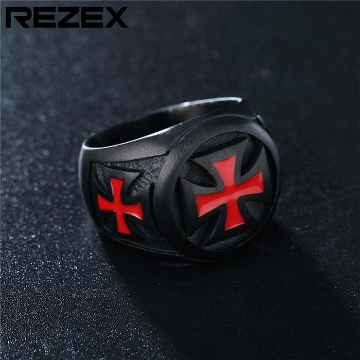 Personality Retro Punk Red Cross Frame Men's Black Titanium Steel Ring