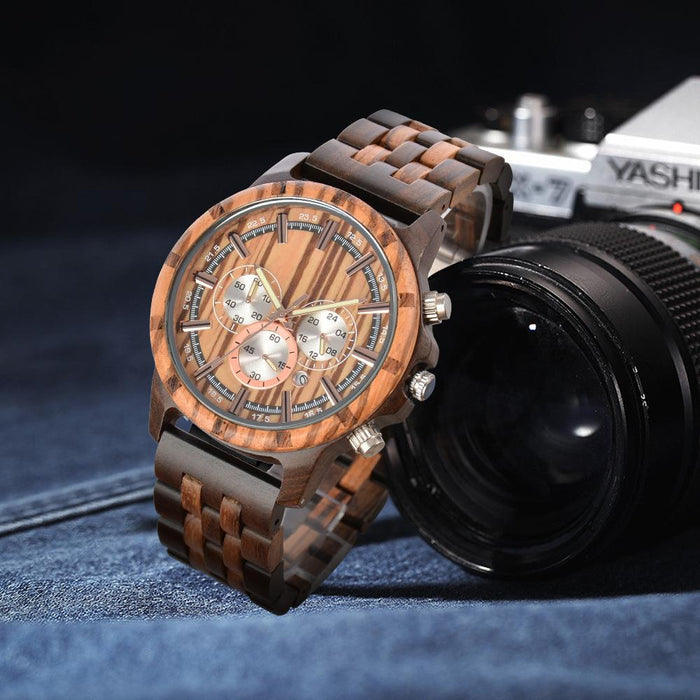 New Men's Multifunctional Business Luminous Large Dial Wood Quartz Watch