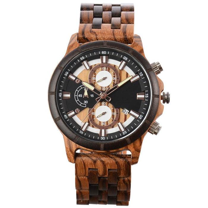 New Men's Business Multifunctional Luminous Large Dial Wooden Quartz Watch