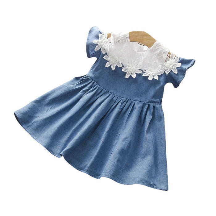 Girls skirt lace print stitched denim dress