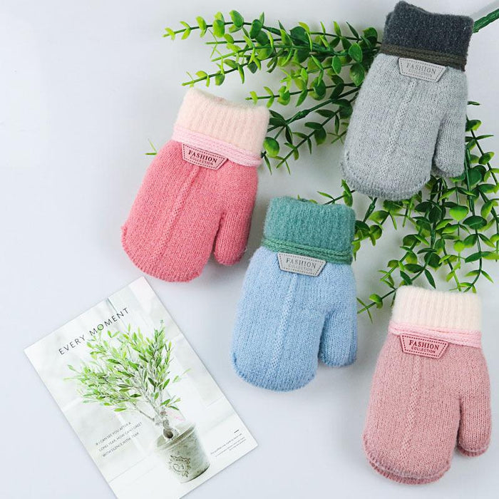 Winter Solid Thicken Plus Velvet Halter Gloves For Kids