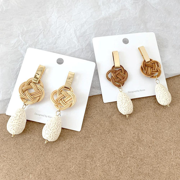 Temperament Knotted Rattan Long Volcanic Stone Earrings Jewelry