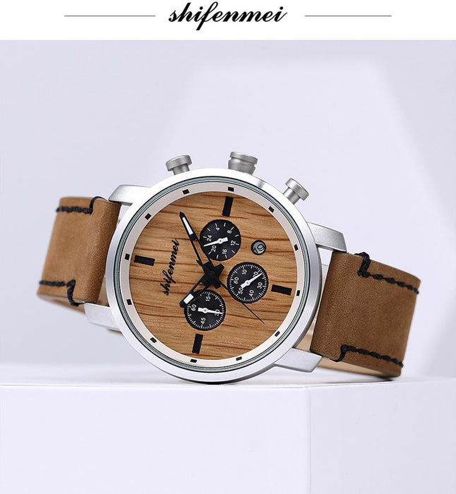 New Multifunctional Timing Fashion Sports Quartz Wood Watch Men