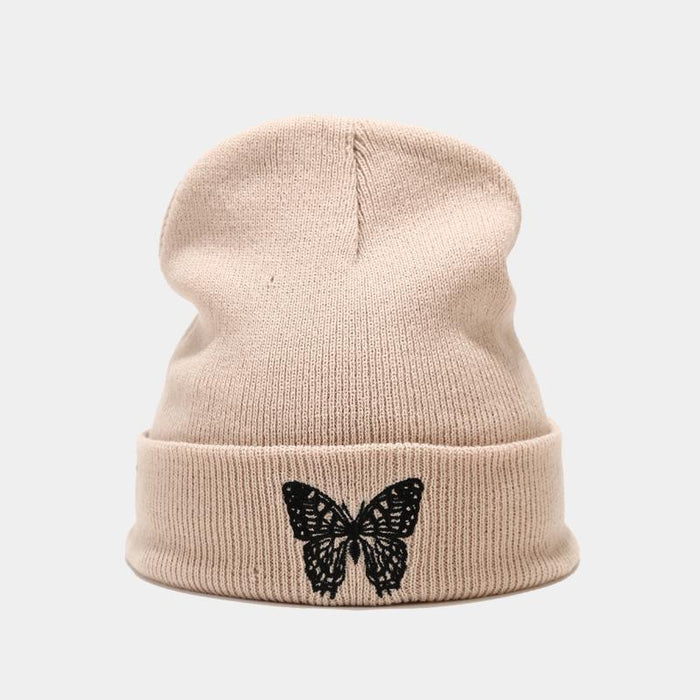 Knitted Beanies Hat Butterfly Embroidery Winter Warm Ski Hats
