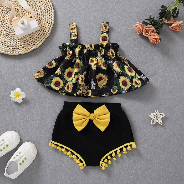 Drawstring suspender skirt top sunflower Print Shorts