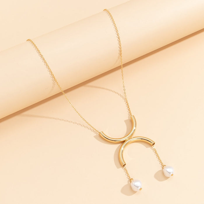 Geometric Semicircle Double Ring Imitation Pearl Tassel Pendant Clavicle Chain