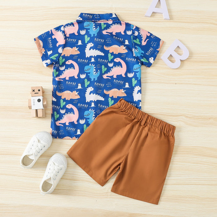 Boy's Dinosaur Printed Short Sleeved Shirt Two-piece Set