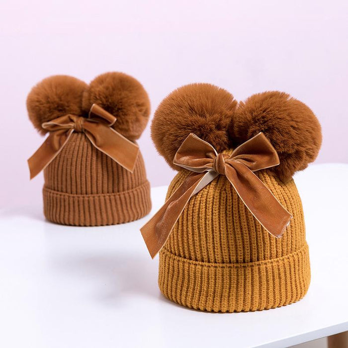 Double Plush Ball Kids Thickened Knit Bow Hat