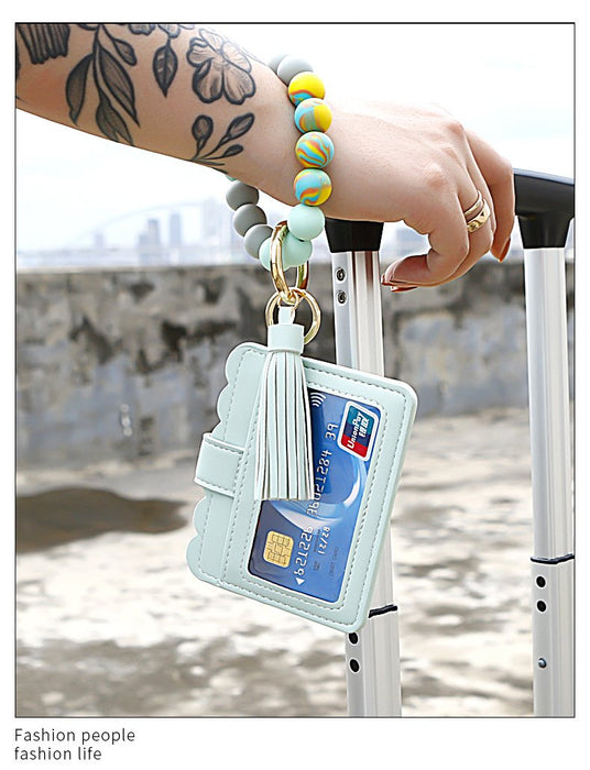 Silicone Leather PU Tassel Card Bag Bracelet Keychain