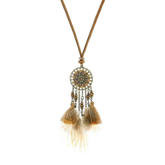 Boho Vintage Feather Tassel Dream Catcher Necklace