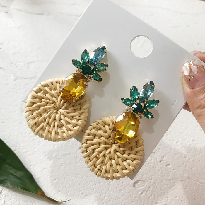 Geometric Round Rhinestone Fruit Pineapple Rattan Earrings