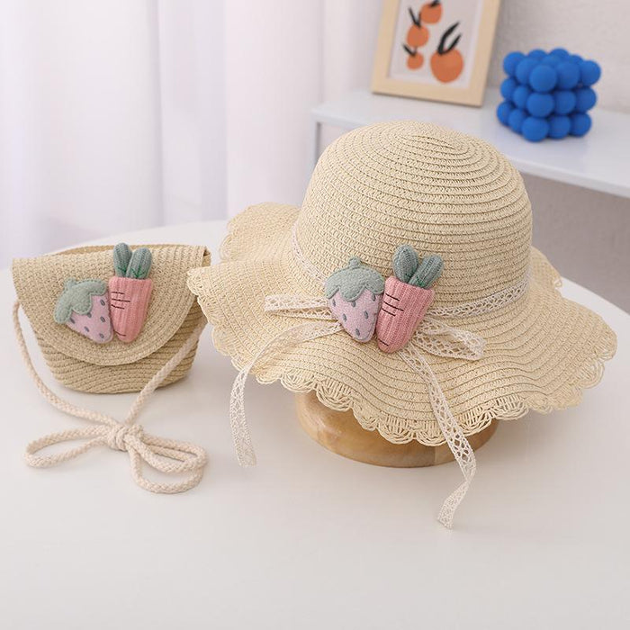 Cute Strawberry Radish Children's Wavy Straw Hat Bag Set