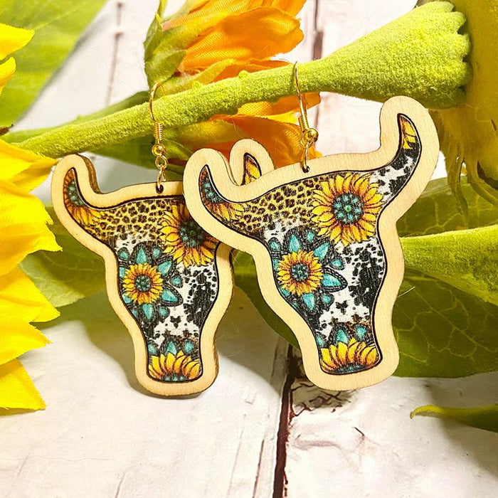 Handmade Wooden Cow Head Bezel Sunflower Earrings