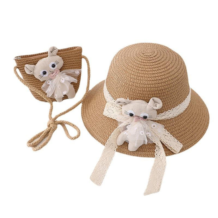 Summer Trendy Lace Cat Children's Grass Bucket Hat Bag Set