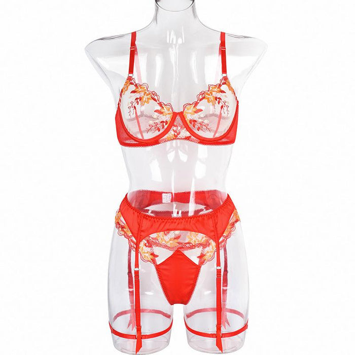Red Embroidered Lingerie Lace Underwired Push Up Underwear
