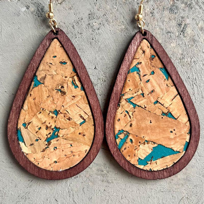 Leather Bark Grain Wood Frame Water Drop Earrings