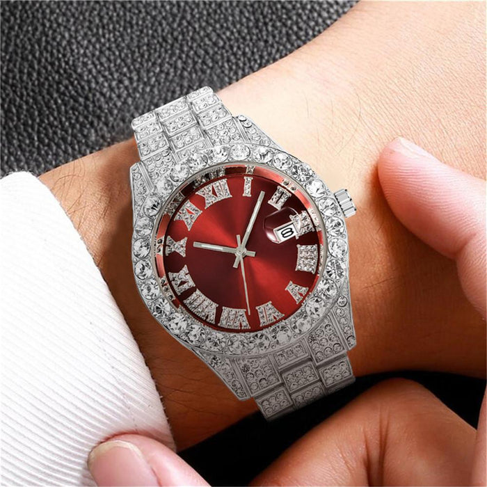 Stainless Steel Watch Big Rhinestone Men's Roman Scale Calendar Hip-hop Watches