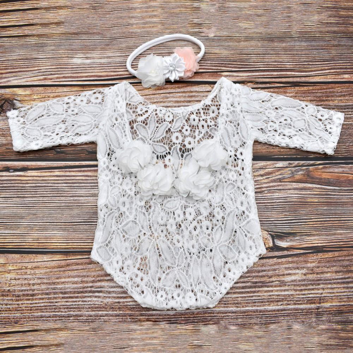 Chiffon Flower Decoration Lace Photography Clothes Pearl Hair Belt Two-piece Set