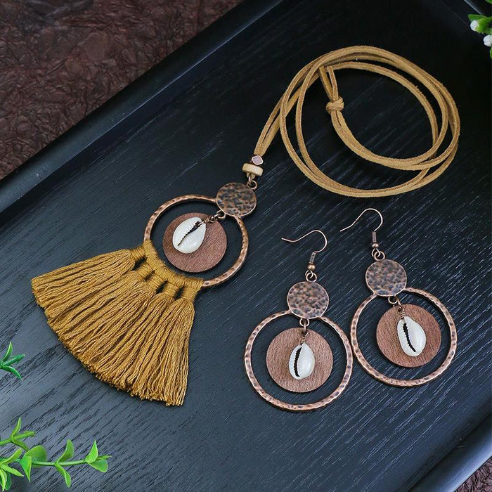 Women's Fashion Hollow Out Tassel Pendant Earring Necklace Set