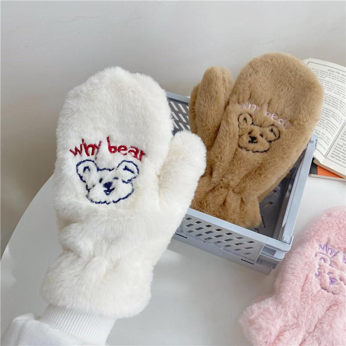 Bear Embroidery Soft Plush Gloves Women Winter Warm