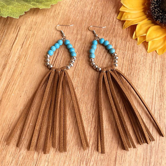 Western Style Pine Stone Bead Leather Large Long Earrings